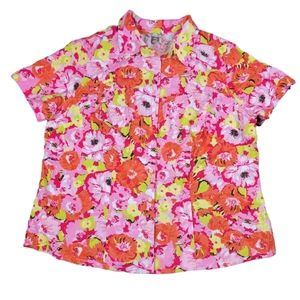 USED White Stag Women's Plus Sz 2X Colorful Floral Button Up Short Sleeve Top